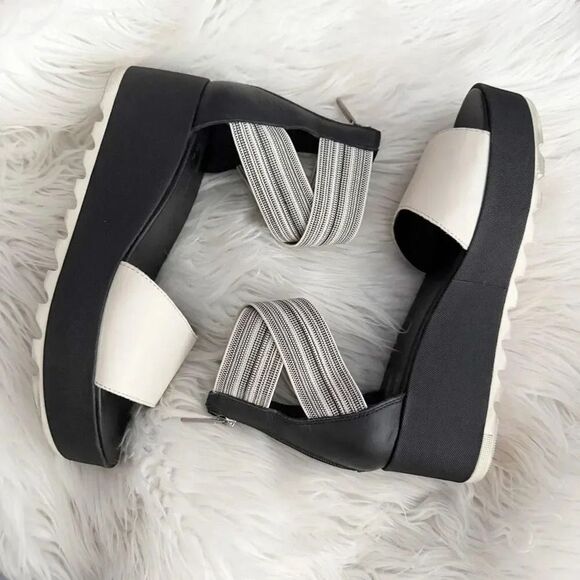 SOREL | Cameron Platform Ankle Strap Wedge Sandal Black Gore Off-White | Size 10 - Picture 4 of 11